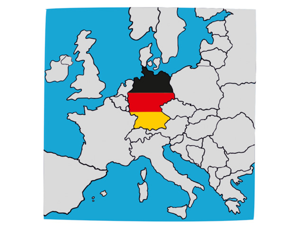 Eine Land-Karte von Europa. Deutschland ist in den Farben schwarz, rot und gold. Alle anderen Länder sind grau.