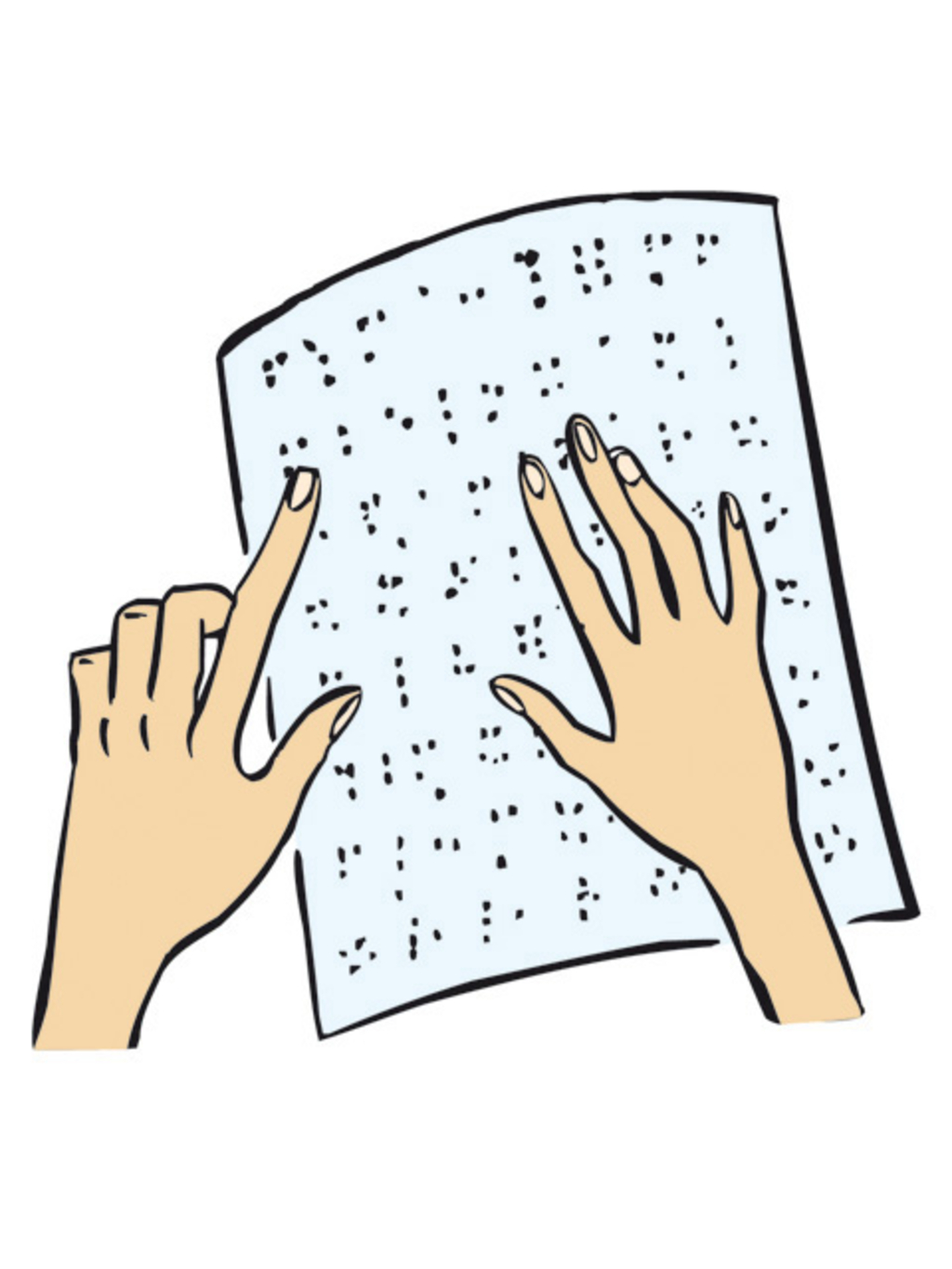 Die Finger von zwei Händen tasten über einen Zettel mit Blinden-Schrift.