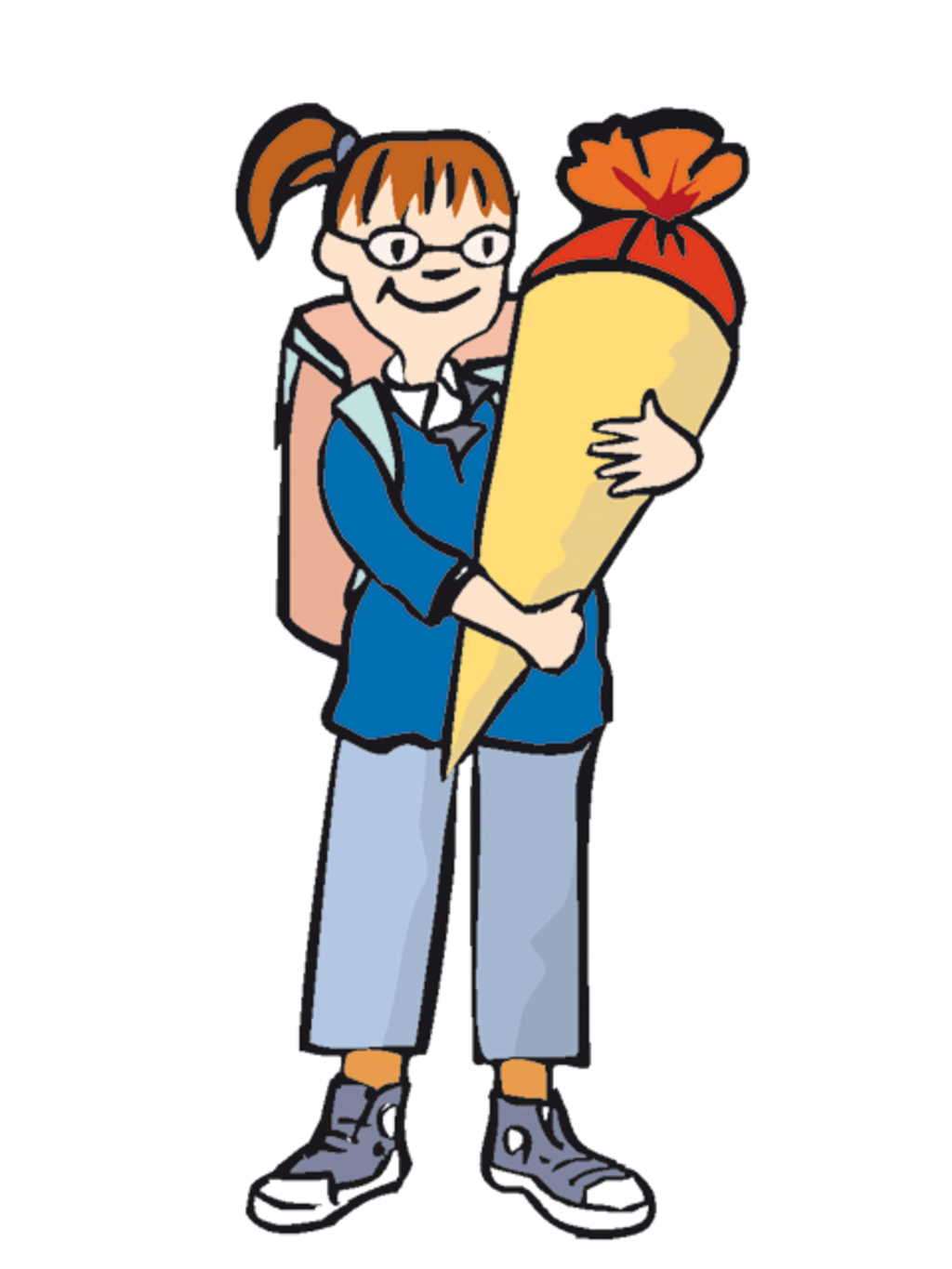 Ein Mädchen mit Ranzen und Schul-Tüte.