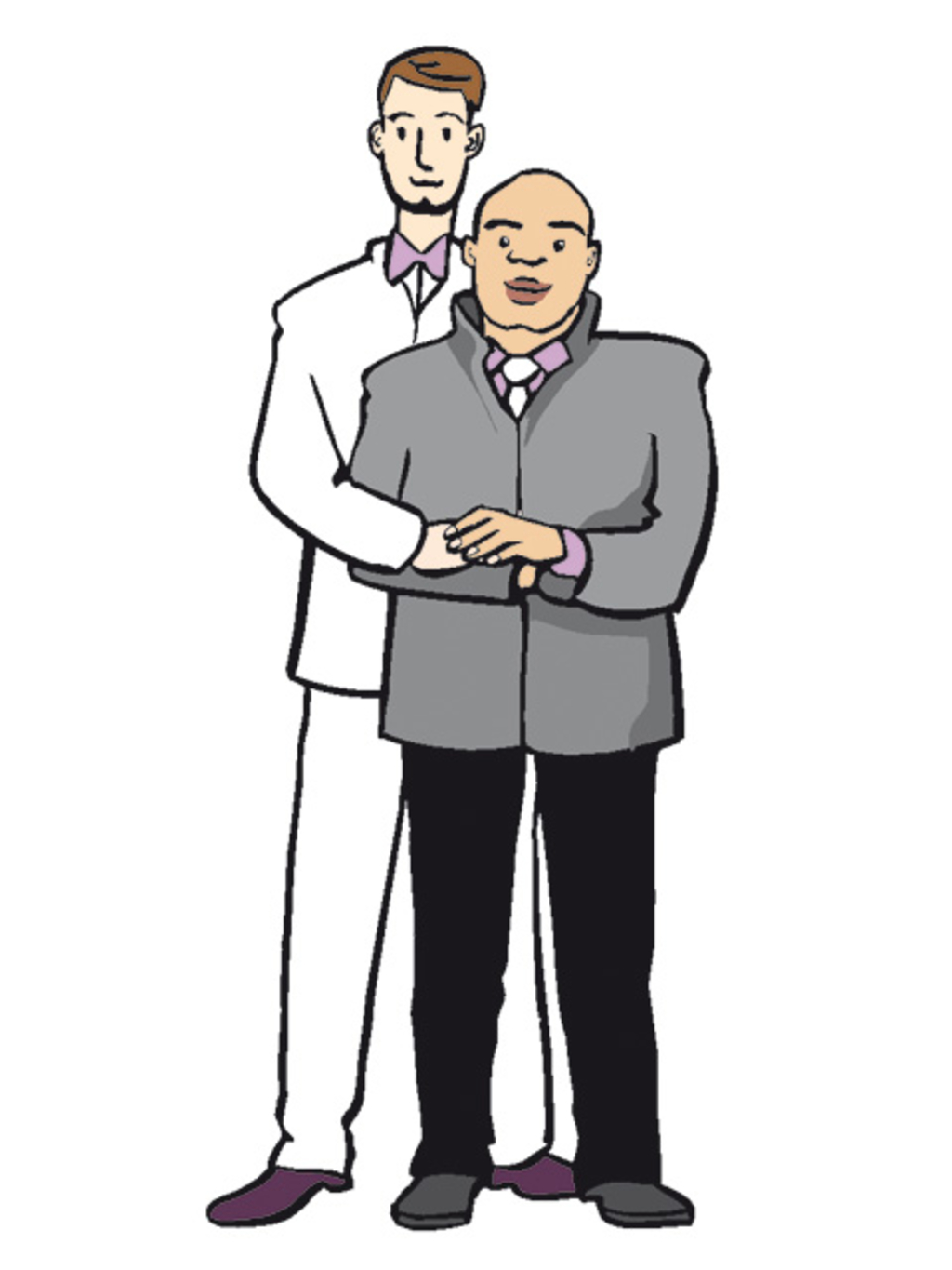 Zwei Männer in festlicher Kleidung halten sich im Arm.