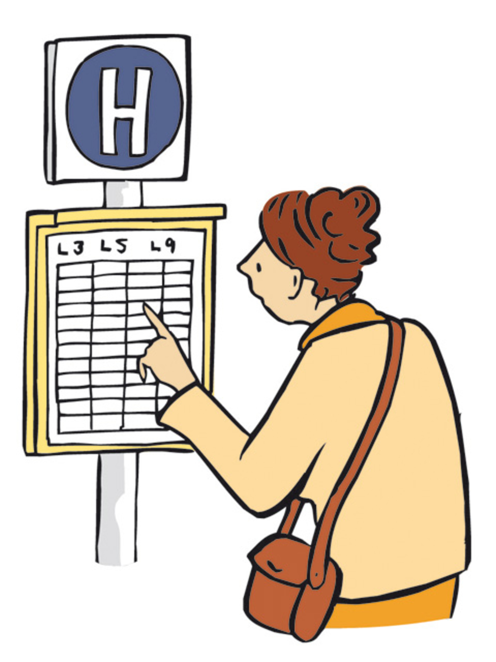 Eine Frau steht vor einem Haltestellen-Schild und schaut auf den Fahr-Plan.