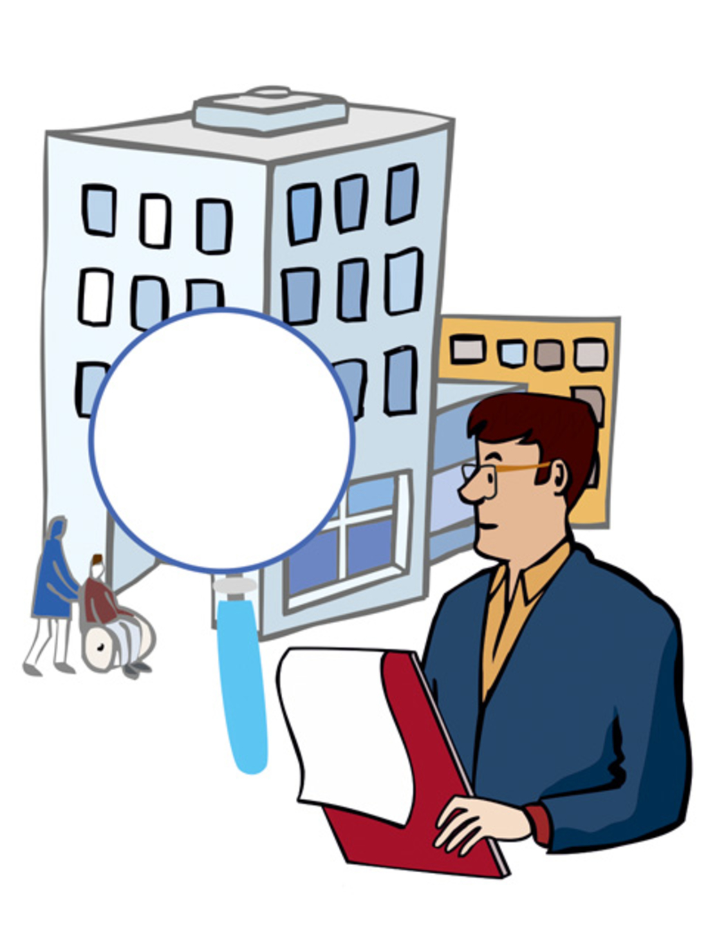 Ein Mann steht vor einem großen Wohnheim und schreibt etwas auf ein Papier.