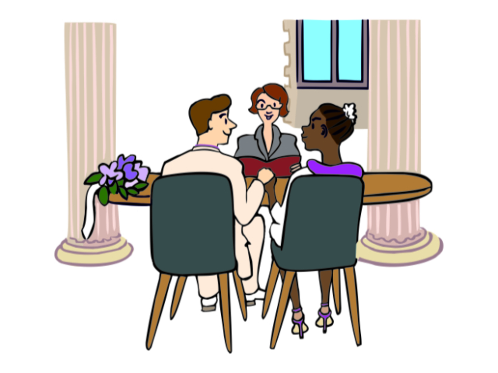 Ein Paar, welches von einer Standesbeamtin verheiratet wird