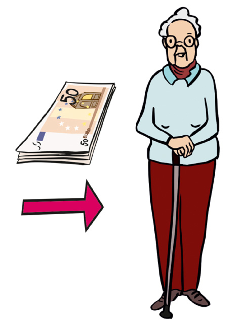 Mehrere Geld-Scheine mit einem Pfeil. Der Pfeil zeigt auf eine alte Frau.