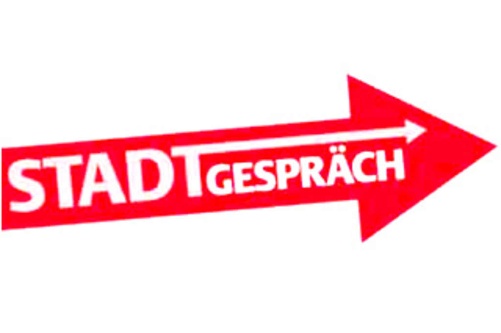 weißer Schriftzug Stadtgespräche auf rotem Hintergrund, Link auf Stadtgespräche: Kölner Perspektiven 2030