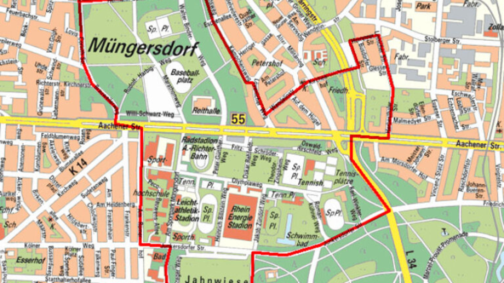 Glas- und Dosenverbot Übersichtskarte 2009, Link auf Glas-, Glasflaschen- und Dosenverbot rund um die Kölner Stadien - Stadt Köln
