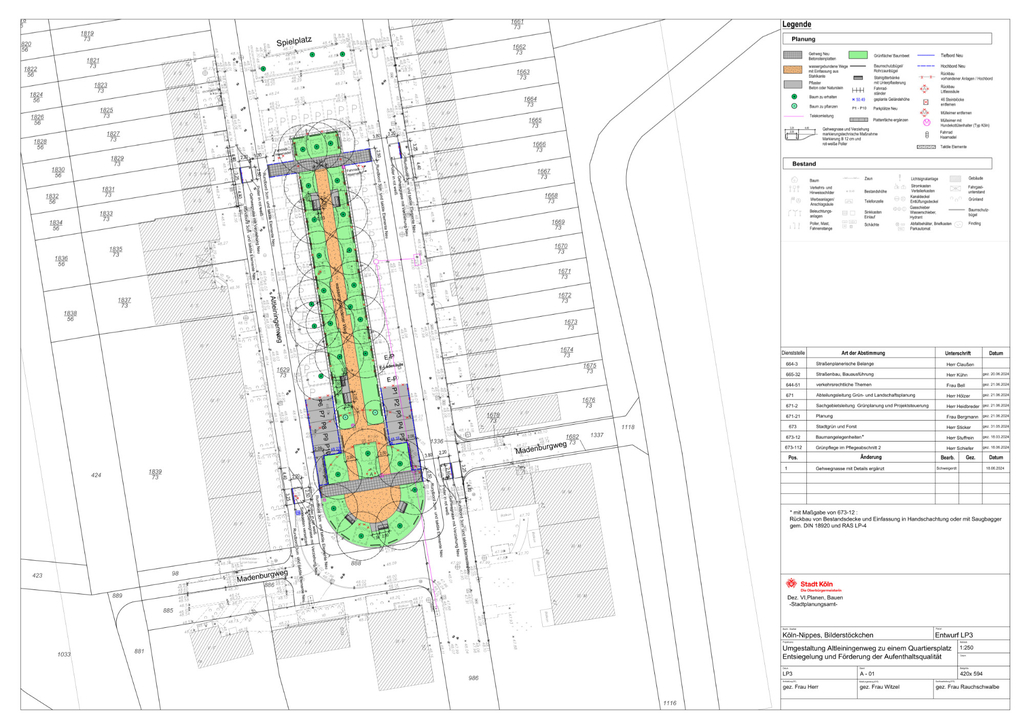 Entwurfsplan des Alteinigenwegs mit den Elementen der Umgestaltung