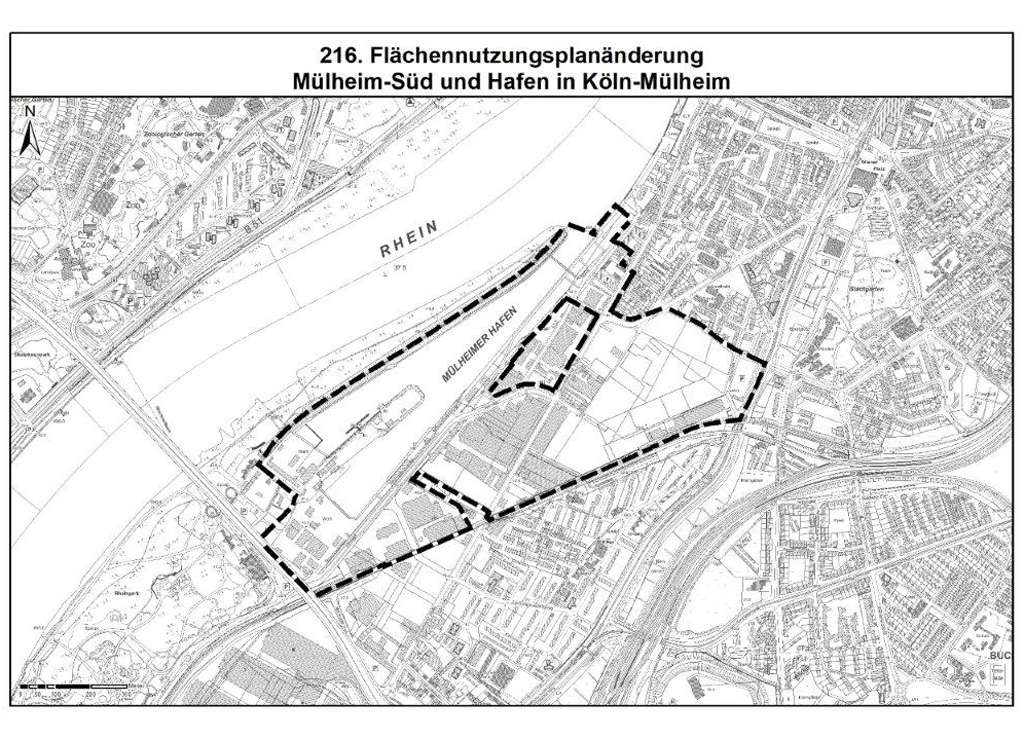 Geltungsbereich des Bauleitplanverfahrens Mülheim-Süd und Mülheimer Hafen in Köln-Mülheim, 216. Änderung des Flächennutzungsplans