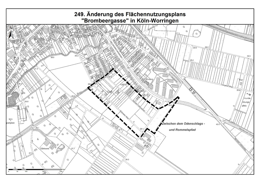 Geltungsbereich 249. Änderung des Flächennutzungsplans Brombeergasse in Köln-Worringen