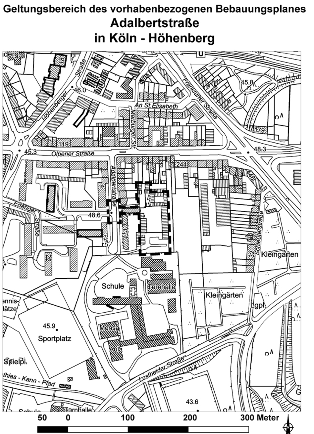 Geltungsbereich des Bebauungsplans Adalbertstraße in Köln-Höhenb