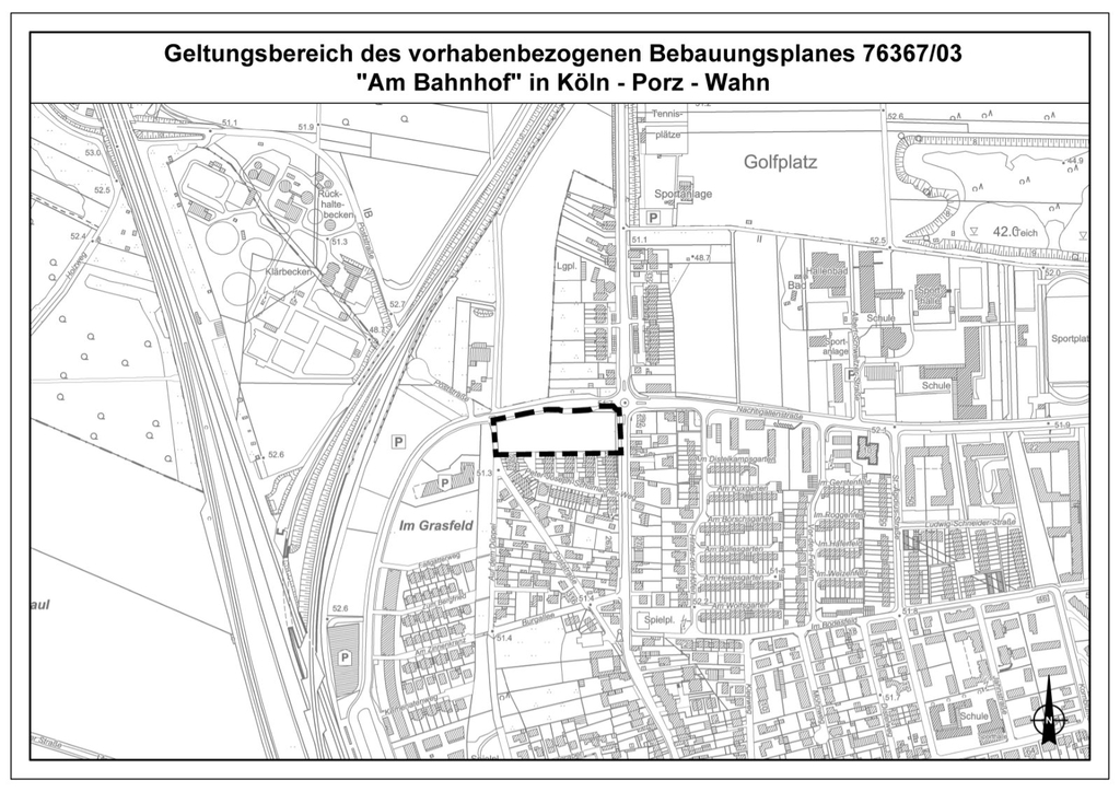 Geltungsbereich des vorhabenenbezogenen Bebauungsplans "Am Bahnhof" in Köln-Porz-Wahn