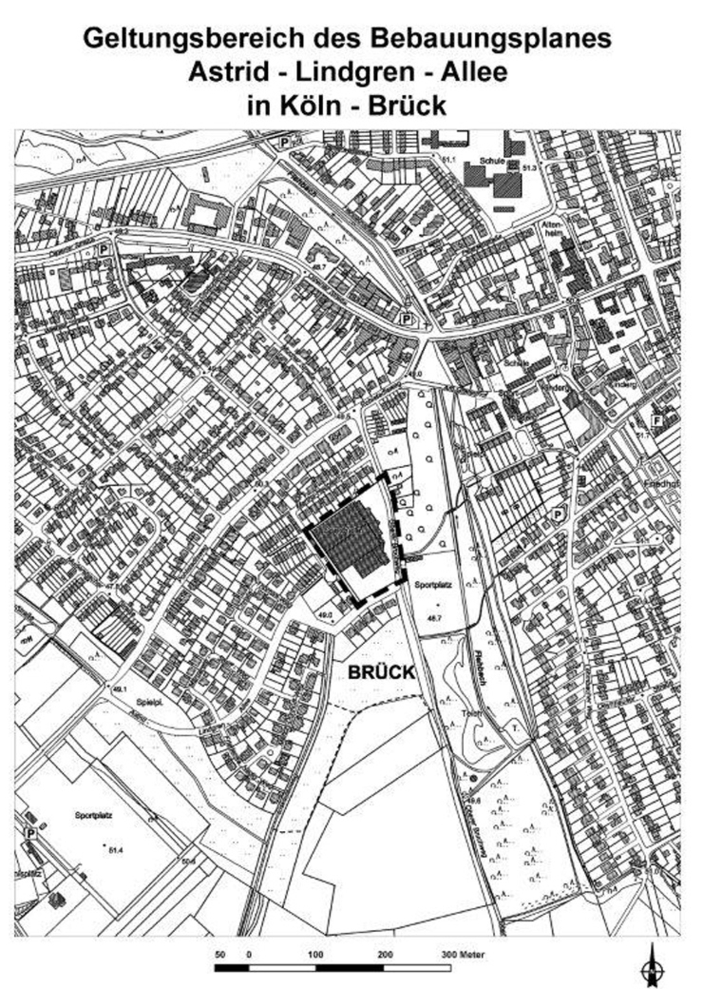 Geltungsbereich des Bauleitplanverfahrens Astrid-Lindgren-Allee in Köln-Kalk-Brück