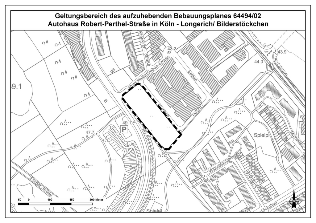 Geltungsbereich des aufzuhebenden Bebauungsplanes Autohaus Robert-Perthel-Straße in Köln-Longerich/Bilderstöckchen