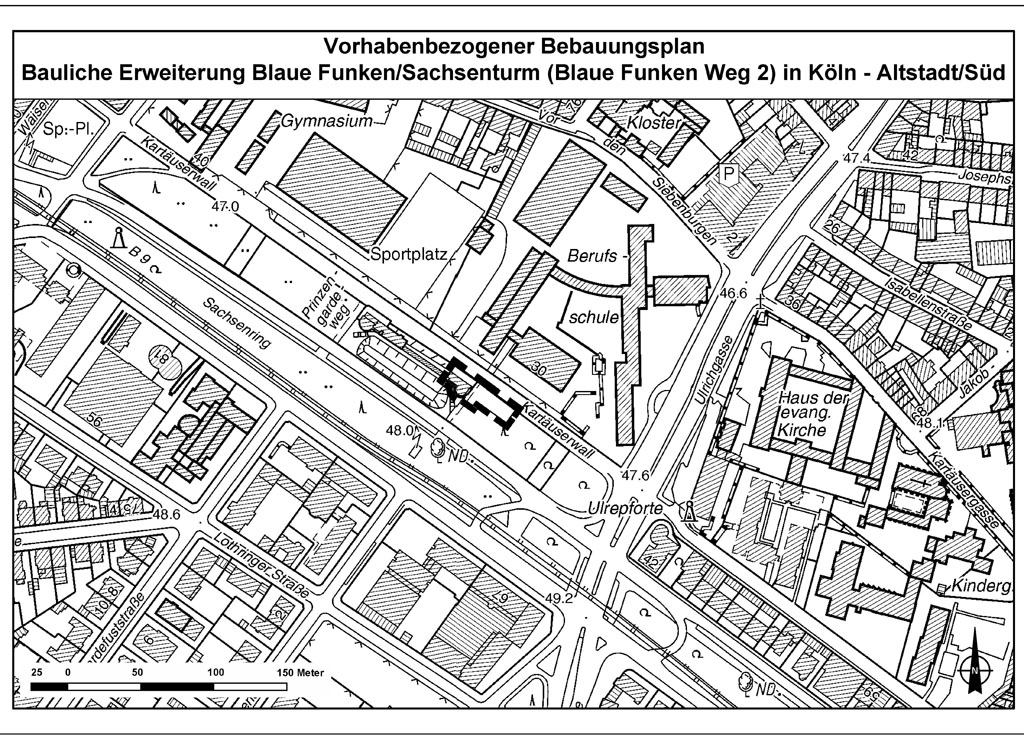 Geltungsbereich des Bebauungsplans Bauliche Erweiterung Blaue Funken/Sachsenturm (Blaue-Funken-Weg 2) in Köln- Altstadt/Süd