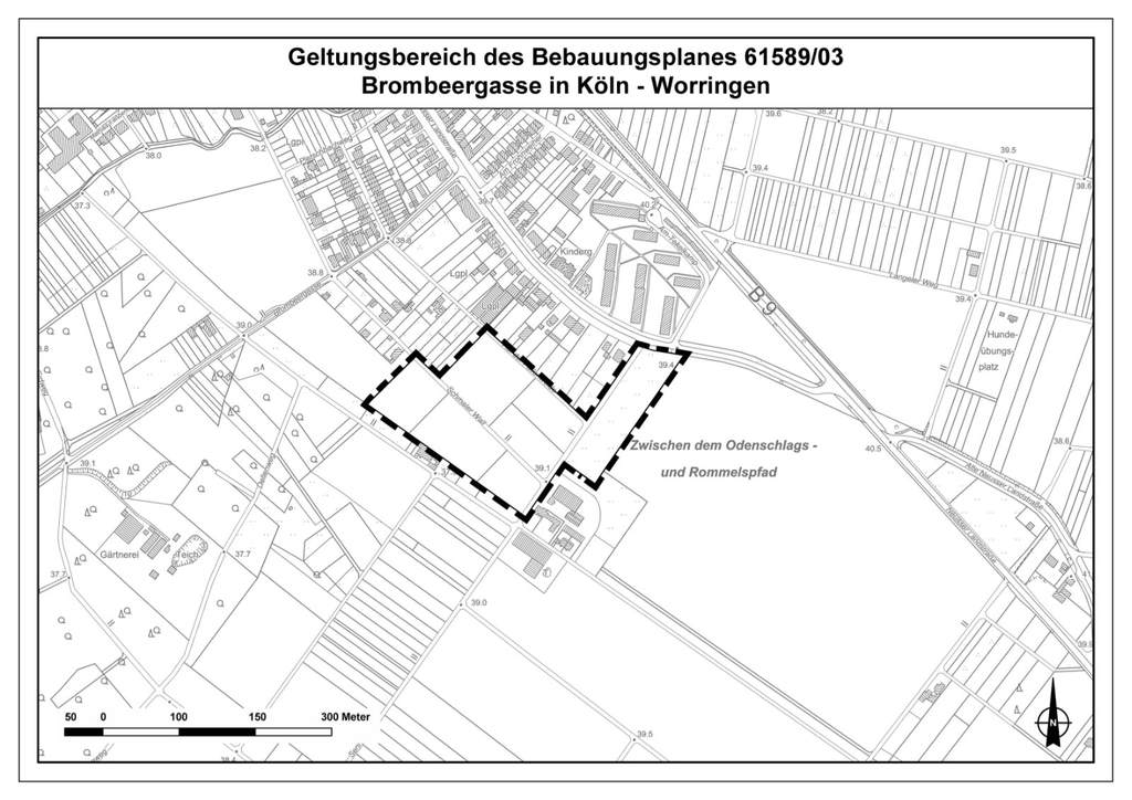 Geltungsbereich des Bebauungsplanverfahrens Brombeergasse in Köln-Worringen