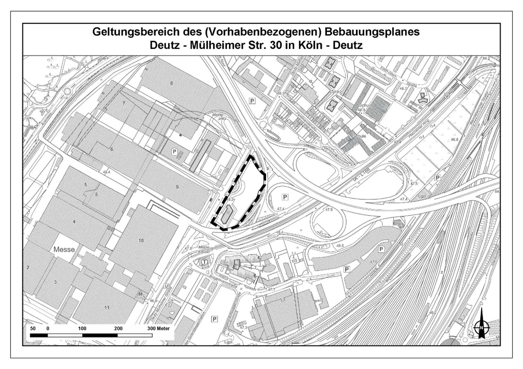 Geltungsbereich des vorhabenbezogenen Bebauungsplanes Deutz-Mülheimer-Straße 30 in Köln-Deutz