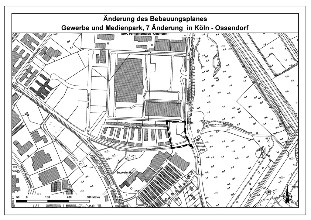 Geltungsbereich Bebauungsplan-Entwurf Gewerbe- und Medienpark in Köln-Ossendorf, 7. Änderung Motorworld Einzelhandel und Büro