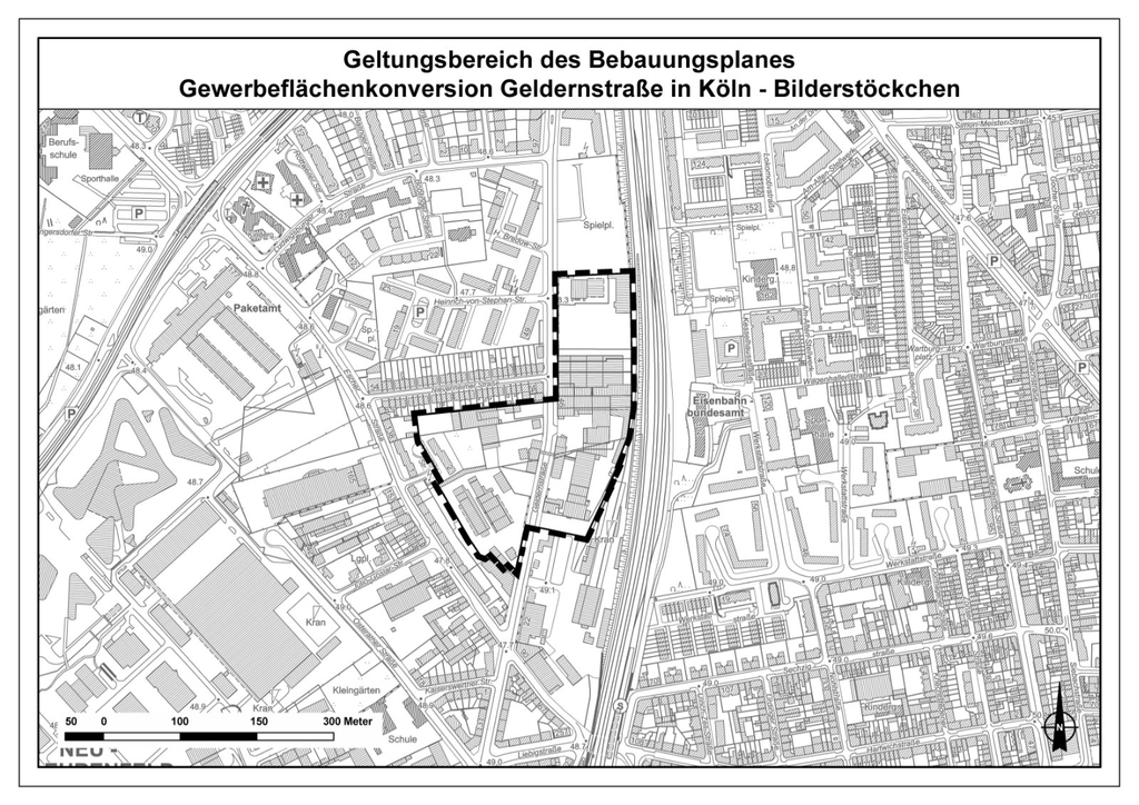 Geltungsbereich des Bebauungsplans Gewerbeflächenkonversion Geldernstraße in Köln-Bilderstöckchen