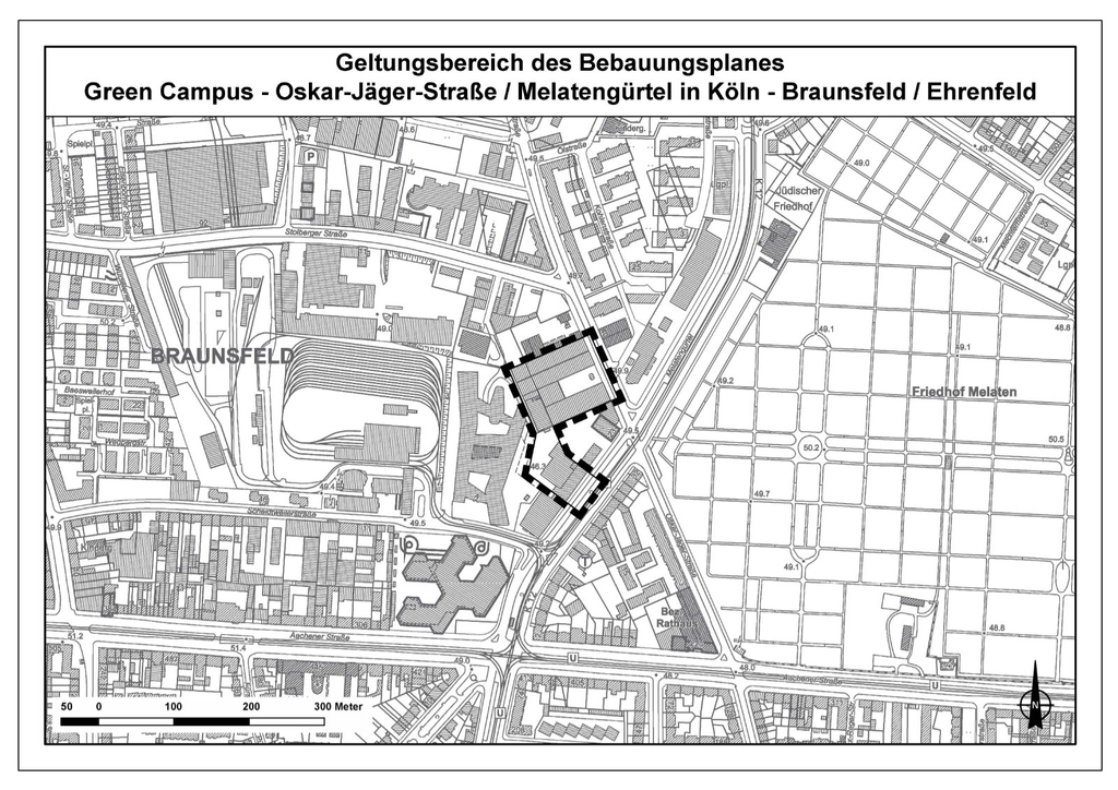 Geltungsbereich des Bebauungsplanes Green Campus – Oskar-Jäger-Straße/Melatengürtel in Köln-Braunsfeld/Ehrenfeld
