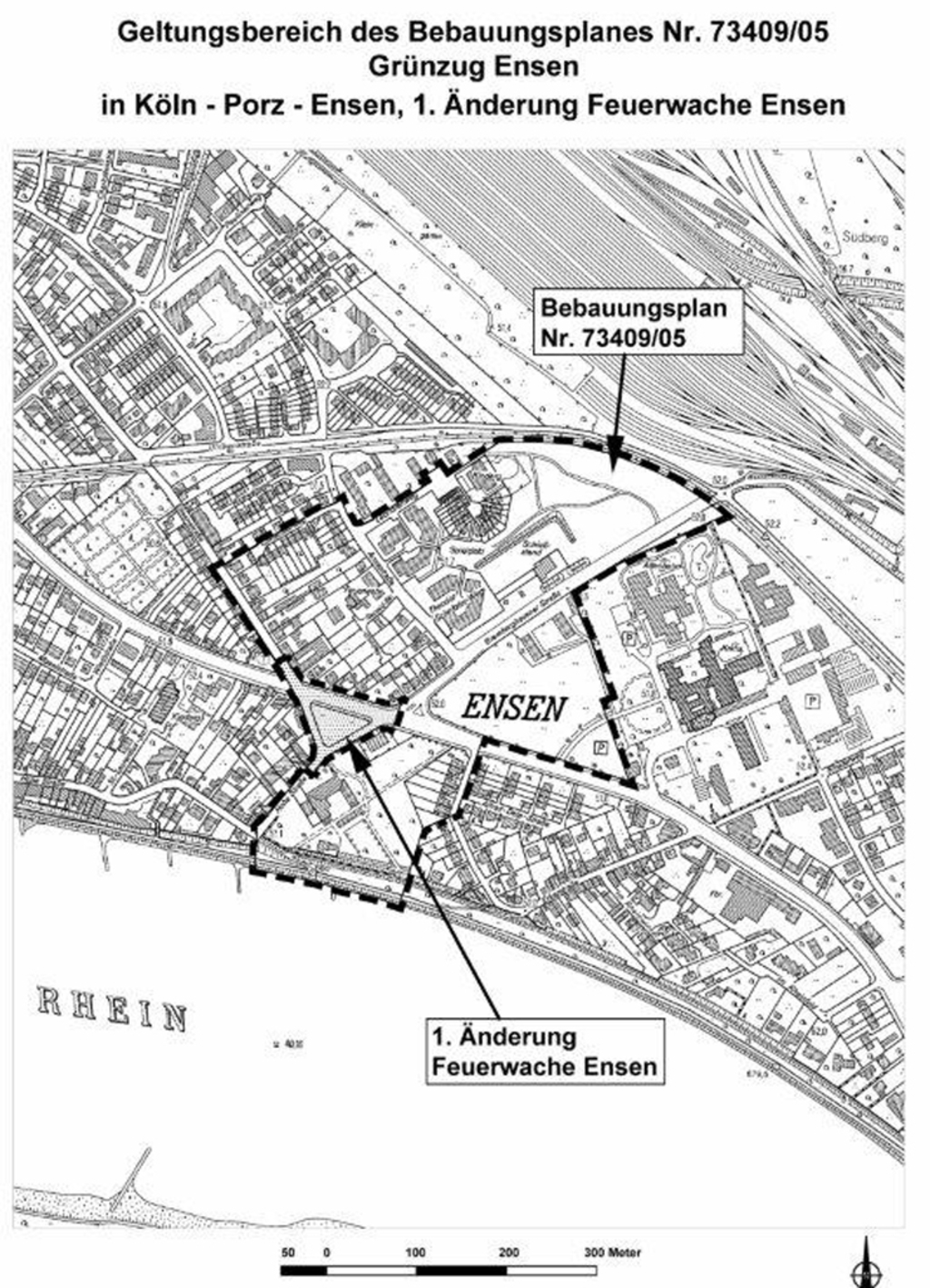 Geltungsbereich des Bauleitplanverfahrens Grünzug Ensen, 1. Änderung Feuerwache Ensen in Köln-Porz/Ensen