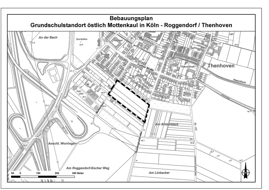 Geltungsbereich des Bebauungsplans Grundschulstandort östlich Mottenkaul in Köln-Roggendorf/Thenhoven
