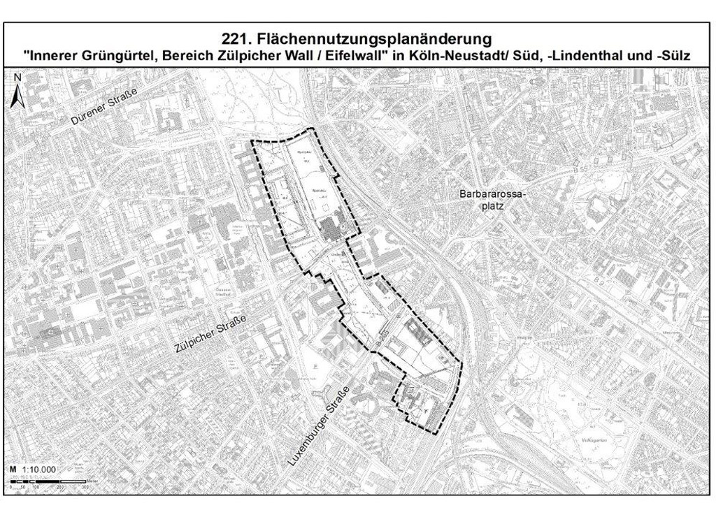 Geltungsbereich der 221. Änderung des Flächennutzungsplans; Innerer Grüngürtel, Bereich Zülpicher Wall/Eifelwall in Köln-Neustadt/Süd-Lindenthal und -Sülz