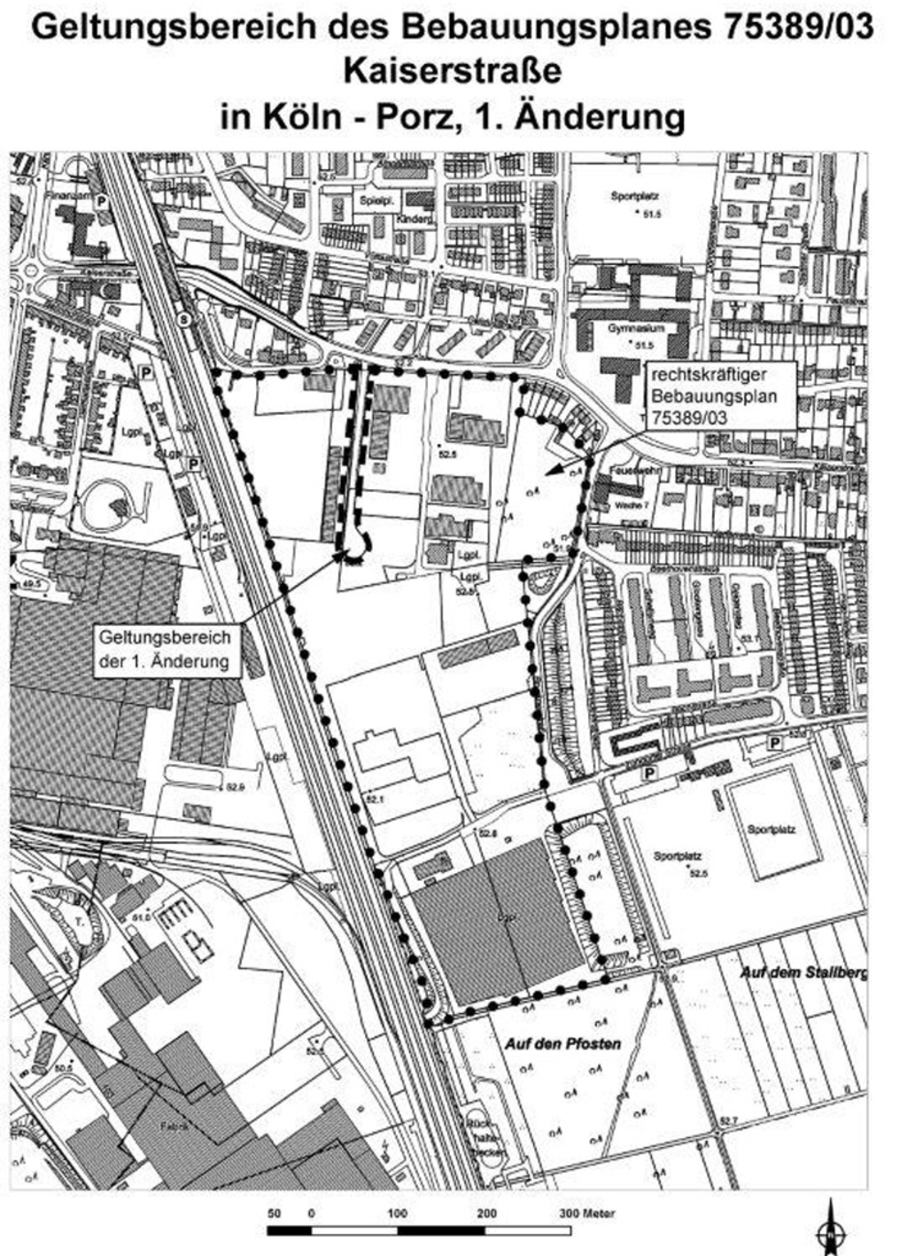 Geltungsbereich des Bebauungsplanverfahrens Kaiserstraße in Köln-Porz, 1. Änderung