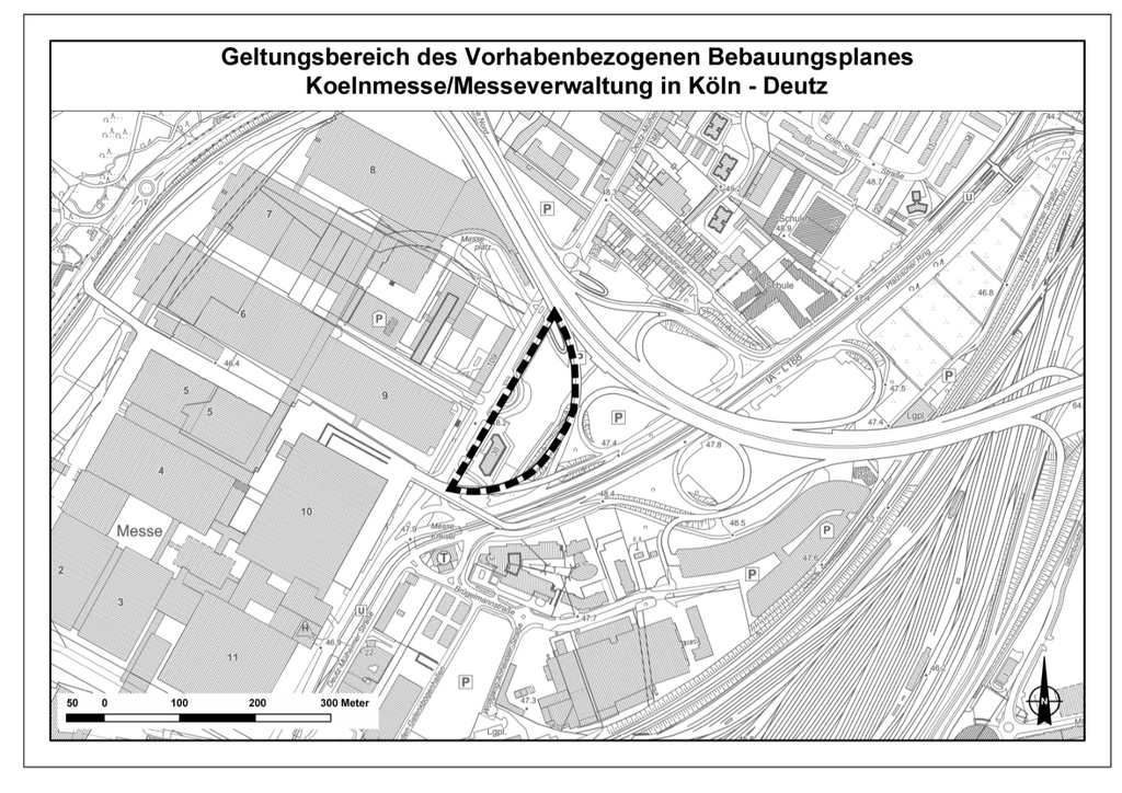 Geltungsbereich des Bebauungsplans Koelnmesse/Messeverwaltung in Köln-Deutz