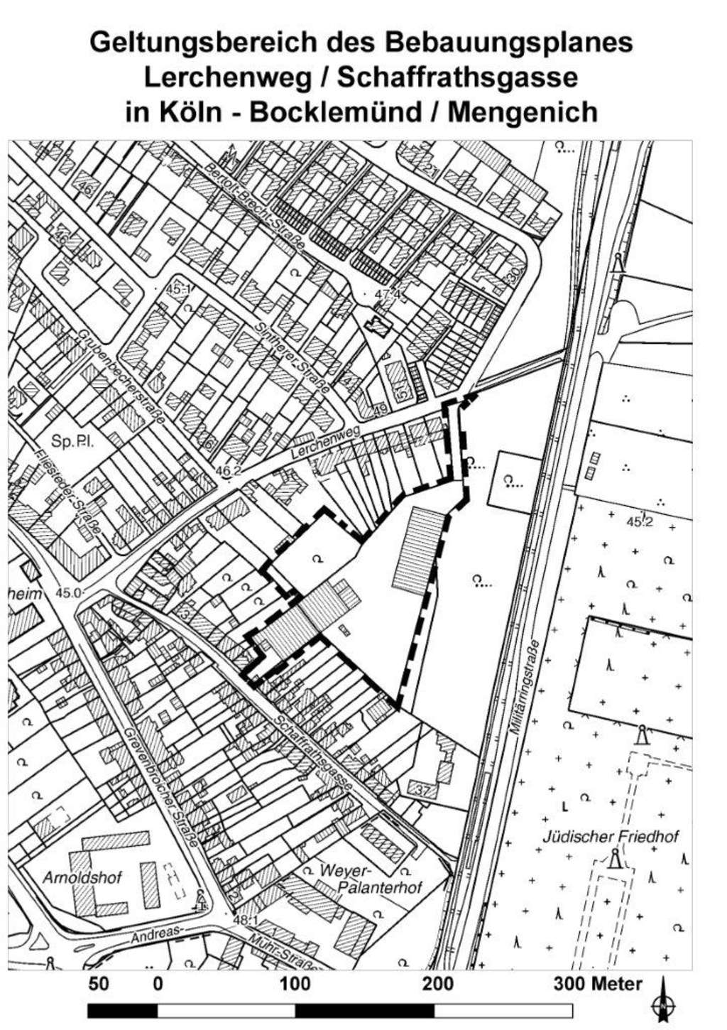 Geltungsbereich des Bebauungsplanes Lerchenweg/Schaffrathsgasse in Köln-Bocklemünd/Mengenich