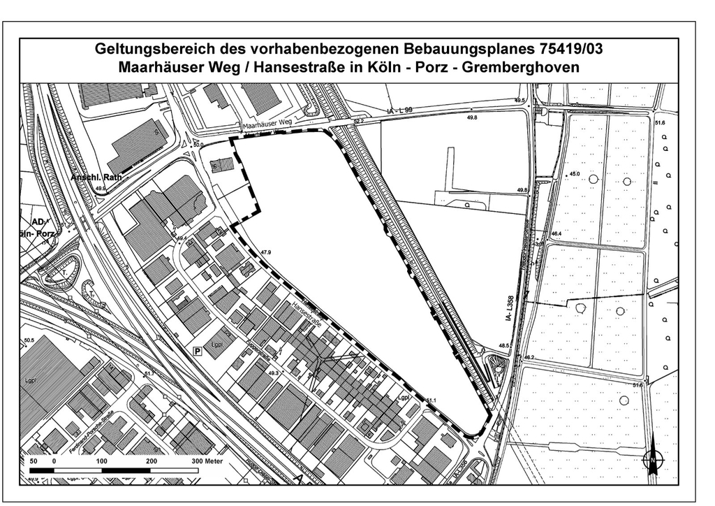 Geltungsbereich des Bebauungsplanverfahrens Maarhäuserweg/Hansestraße in Köln-Porz-Gremberghoven