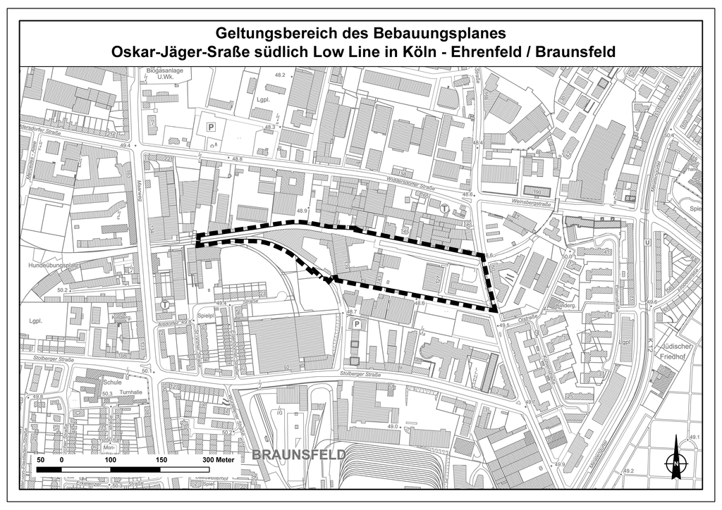 Geltungsbereich des Bebauungsplans Oskar-Jäger-Straße südlich Low Line in Köln-Ehrenfeld/Braunsfeld