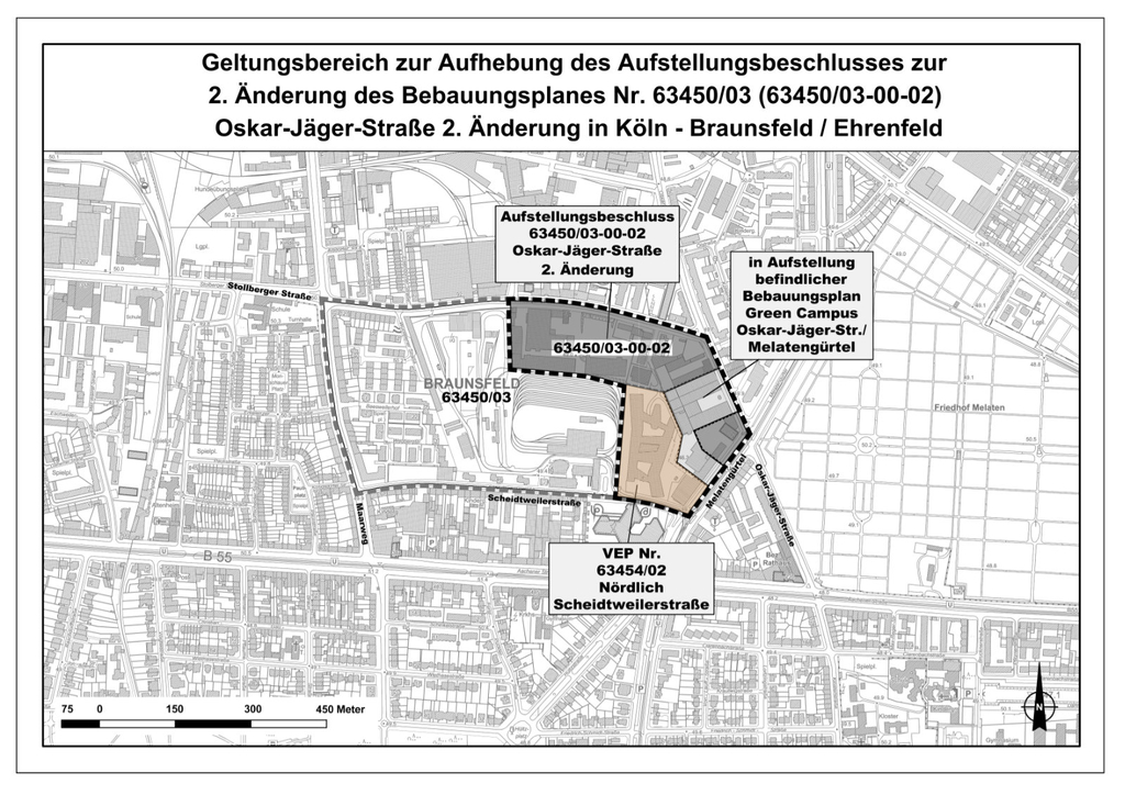 Geltungsbereich zur Aufhebung des Aufstellungsbeschlusses zur 2. Änderung des Bebauungsplanes Oskar-Jäger-Straße in Köln-Braunsfeld/Ehrenfeld