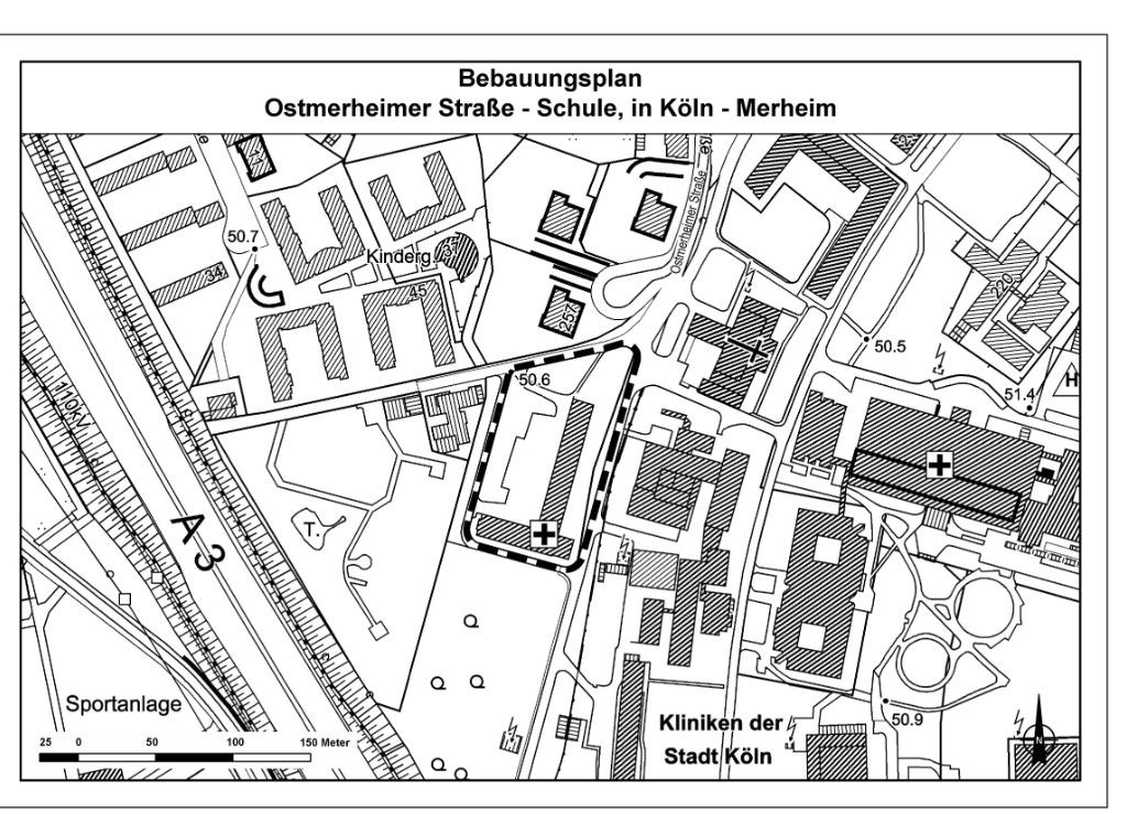 Geltungsbereich Bebauungsplanverfahren Ostmerheimer Straße, Schule, in Köln-Merheim