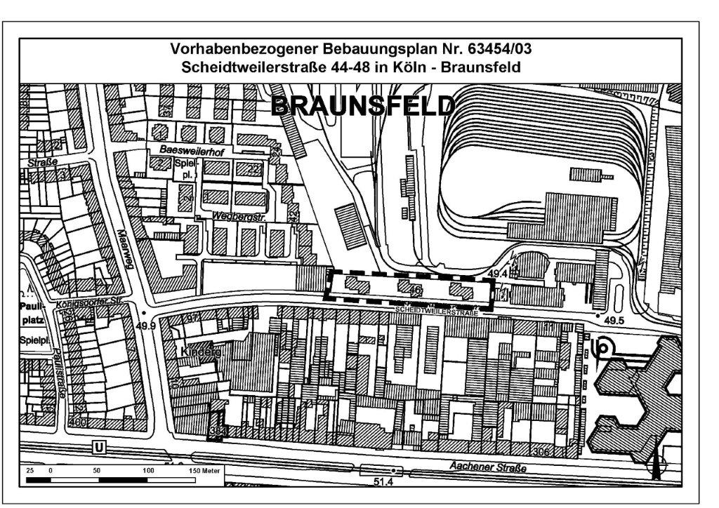 Karte mit dem eingegrenzen Geltungsbereich Scheidtweilerstraße 44-48 in Braunsfeld