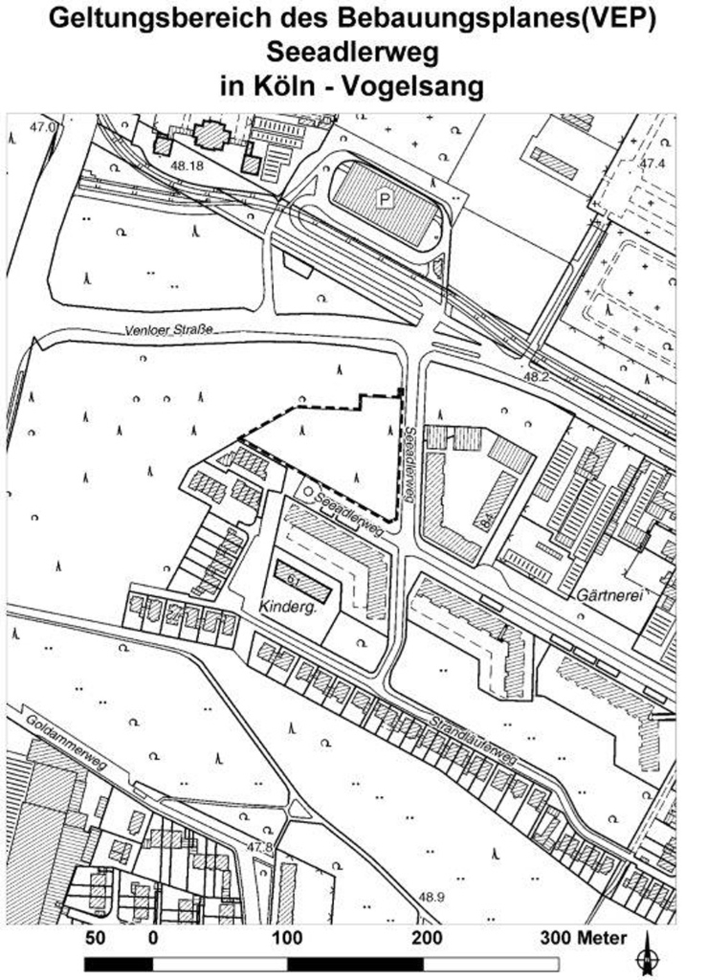 Geltungsbereich des Bauleitplanverfahrens Seeadlerweg in Köln-Vogelsang