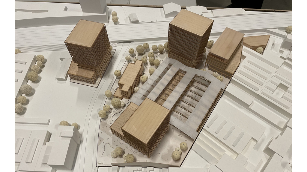 Modellfoto mit Blick aus Richtung Süden zum Bebauungsvorschlag des Teams neutelings riedijk Architekten mit kollektif landscape