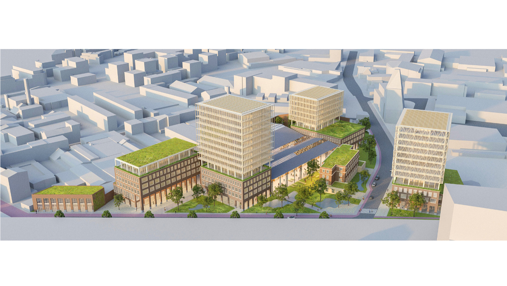 Schrägluftperspektive mit Blick aus Richtung Nord-Westen zum Bebauungsvorschlag des Teams neutelings riedijk Architekten mit kollektif landscape