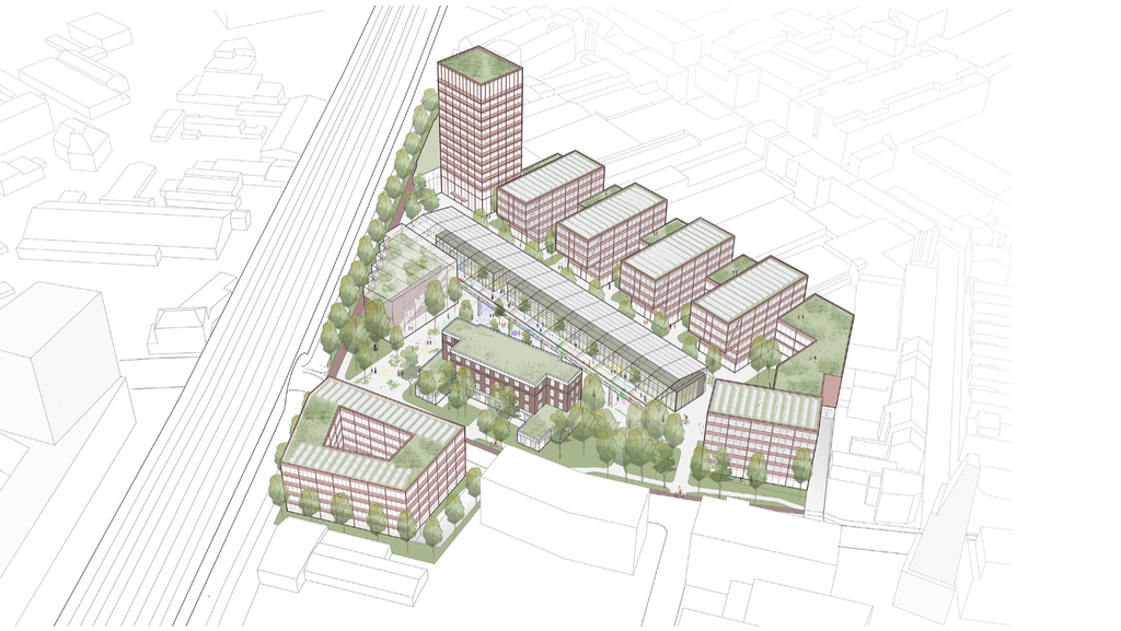 Schrägluftperspektive mit Blick aus Richtung Westen zum Bebauungsvorschlag des Teams Wulf architekten mit Planstatt Senner