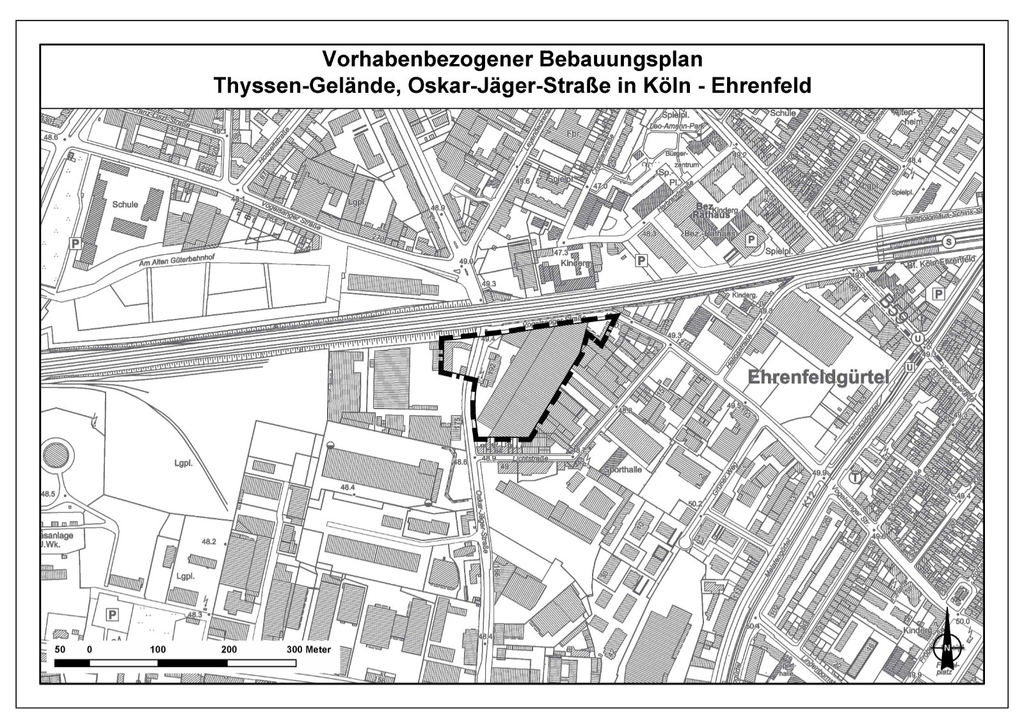 Geltungsbereich des Bebauungsplanverfahrens Thyssen-Gelände Oskar-Jäger-Straße in Köln-Ehrenfeld