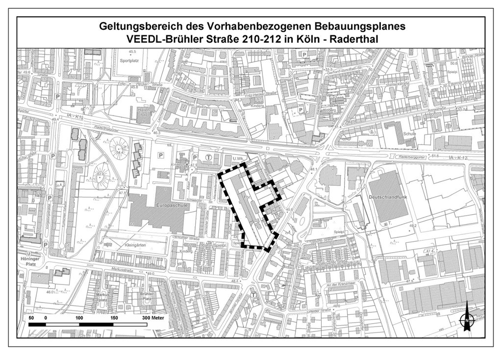 Geltungsbereich des vorhabenbezogenen Bebauungsplanes VEEDL-Brühler Straße 210 bist 212 in Köln-Raderthal