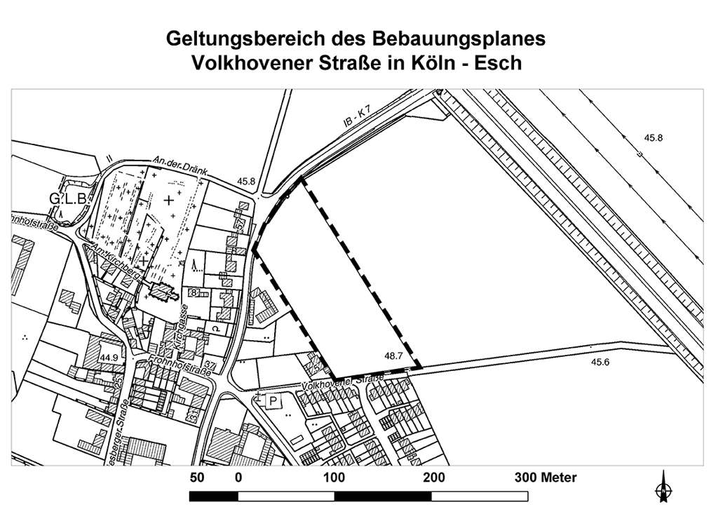 Geltungsbereich des Bebauungsplanes Volkhovener Straße in Köln-Esch/Auweiler