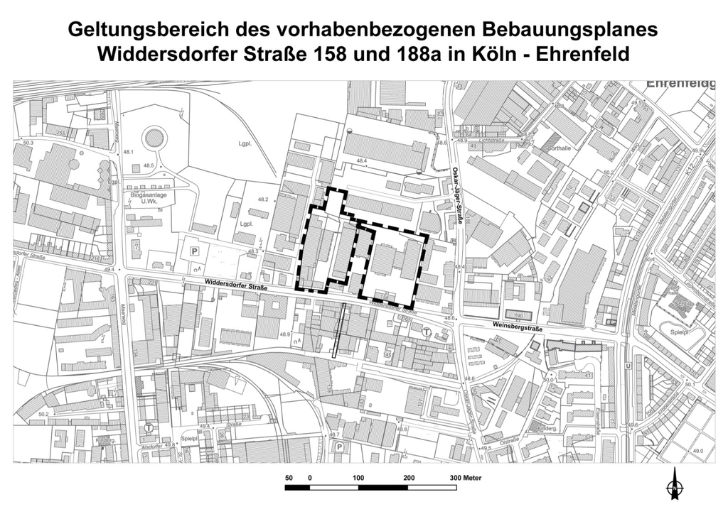 Geltungsbereich vorhabenbezogener Bebauungsplan Widdersdorfer Straße 158 und 188a in Köln-Ehrenfeld