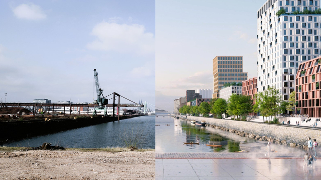 Collage aus Bildern des Deutzer Hafens im Ist-Zustand und einer Visualisierung, Link auf Unsere städtebaulichen Großprojekte - Stadt Köln