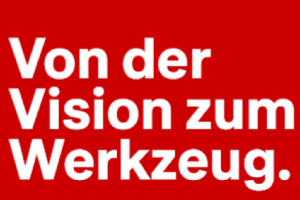 Weiße Schrift auf rotem Grund "Von der Vision zum Werkzeug", Link auf Fortschreibung Städtebaulicher Masterplan Innenstadt 2020 bis 2025 - Stadt Köln