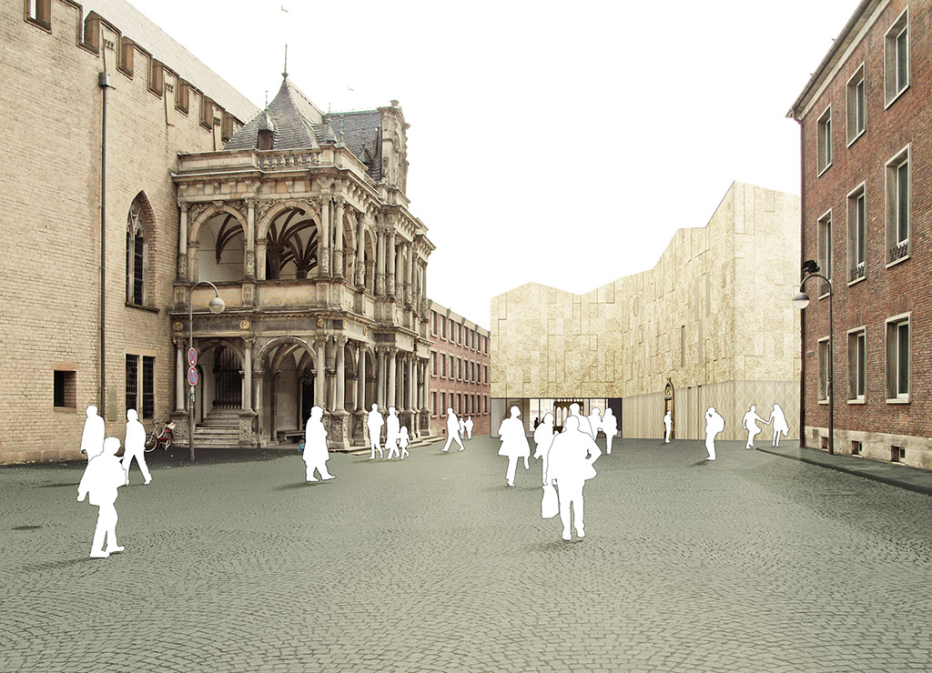 Visualisierung der Außenansicht des Museumskomplexes MiQua Jüdisches Museum mit Blick auf den Haupteingang