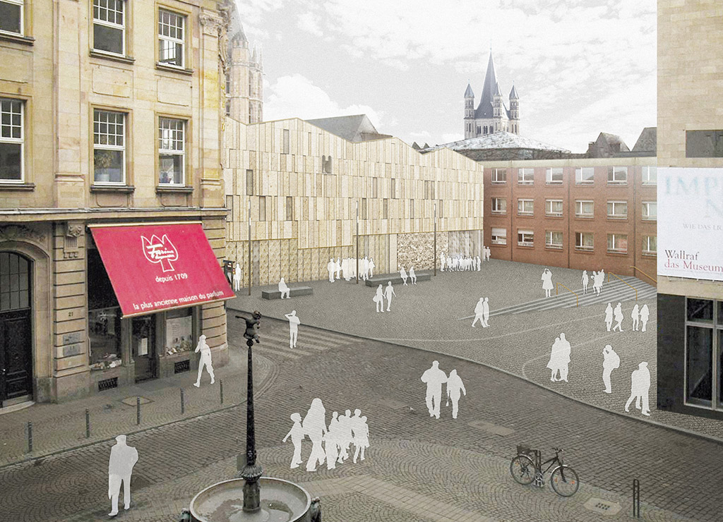 Visualisierung der Außenansicht der Archäologischen Zone mit Blick über die Via Culturalis