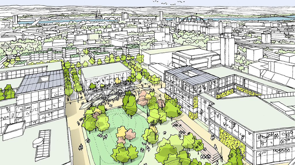 Zeichnung mit Blick vom Dach des Campus Deutz aus