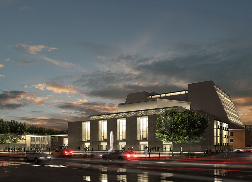 Visualisierung des generalsanierten Opernbaus mit Blick von der Tunisstraße