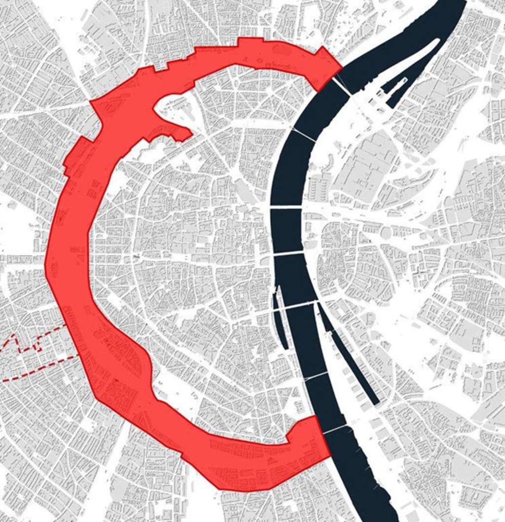 Darstellung des Interventionsraums Innerer Grüngürtel auf einer Übersichtskarte des Kölner Stadtgebietes