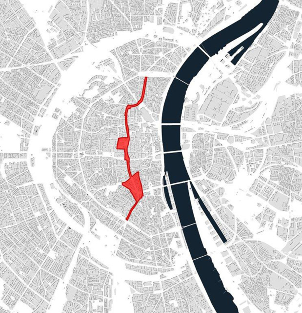 Darstellung des Interventionsraums Nord-Süd-Fahrt auf einer Übersichtskarte des Kölner Stadtgebietes